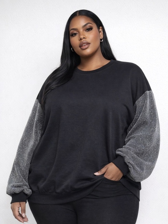 hey peach Tops - Hey Peach Plus Size Black Glittery Long Silver Sleeves Pullover Sweatshirt 5X